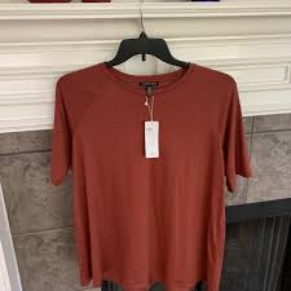 NWT Eileen Fisher Deep Terracotta Tencel Crew Neck Elbow Sleeve Top